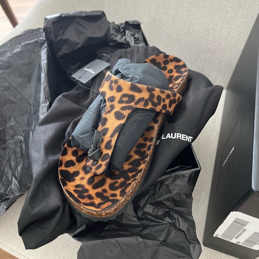 YSL Jimmy Leopard Calf Hair Sandals